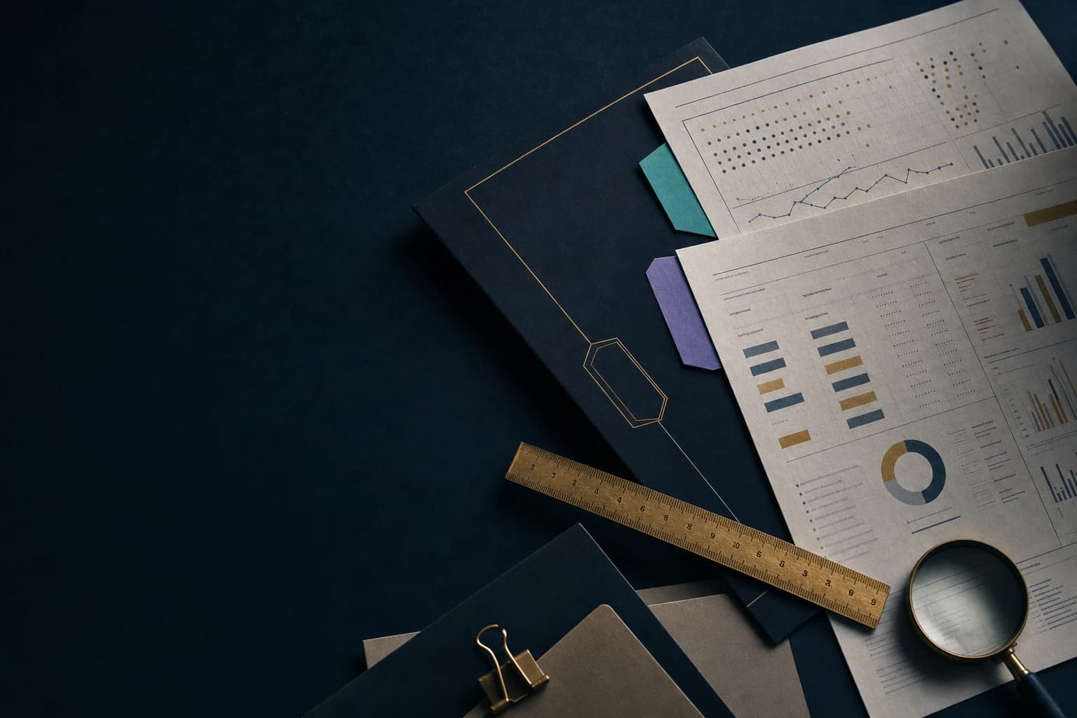 Printed research pages, a ruler, and a magnifying glass arranged on a dark desk