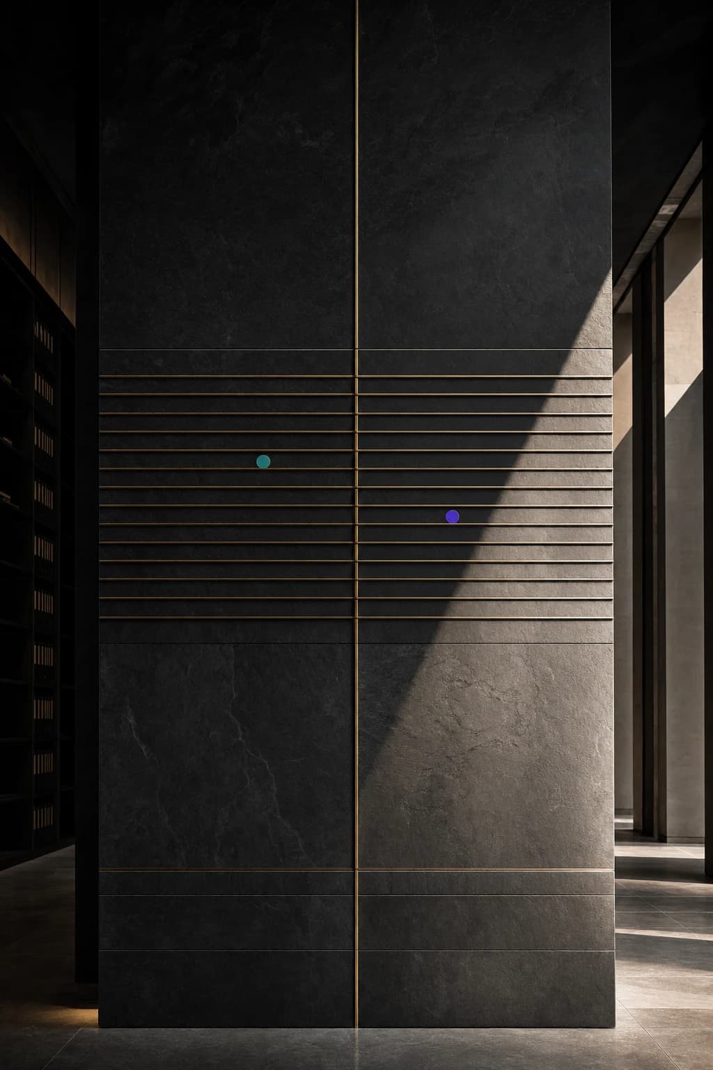 Dark slate architecture with thin brass indexing lines and two colored markers